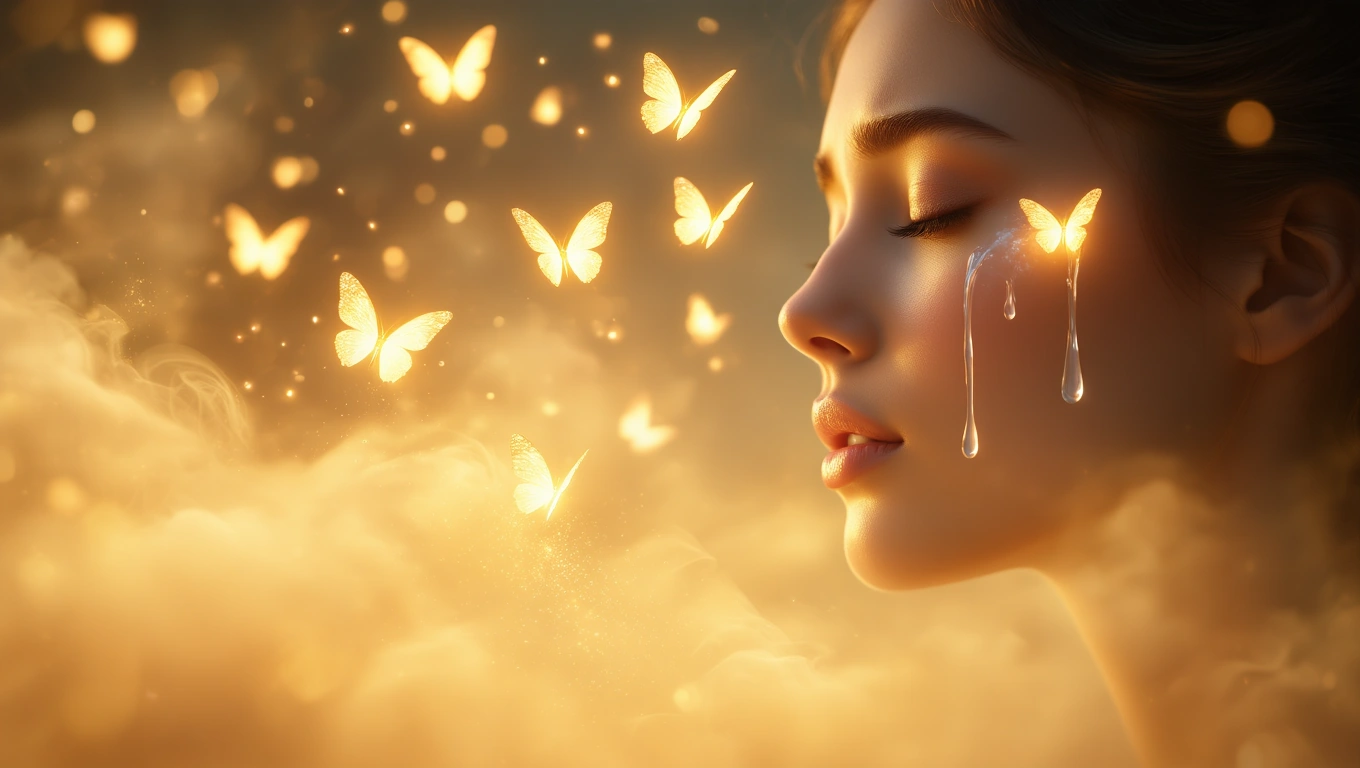 Mit jelent sírásról álmodni? – Részletes álomfejtés és értelmezés Egy nő arca, könnycseppjei mellett aranyszínű pillangók repkednek.
