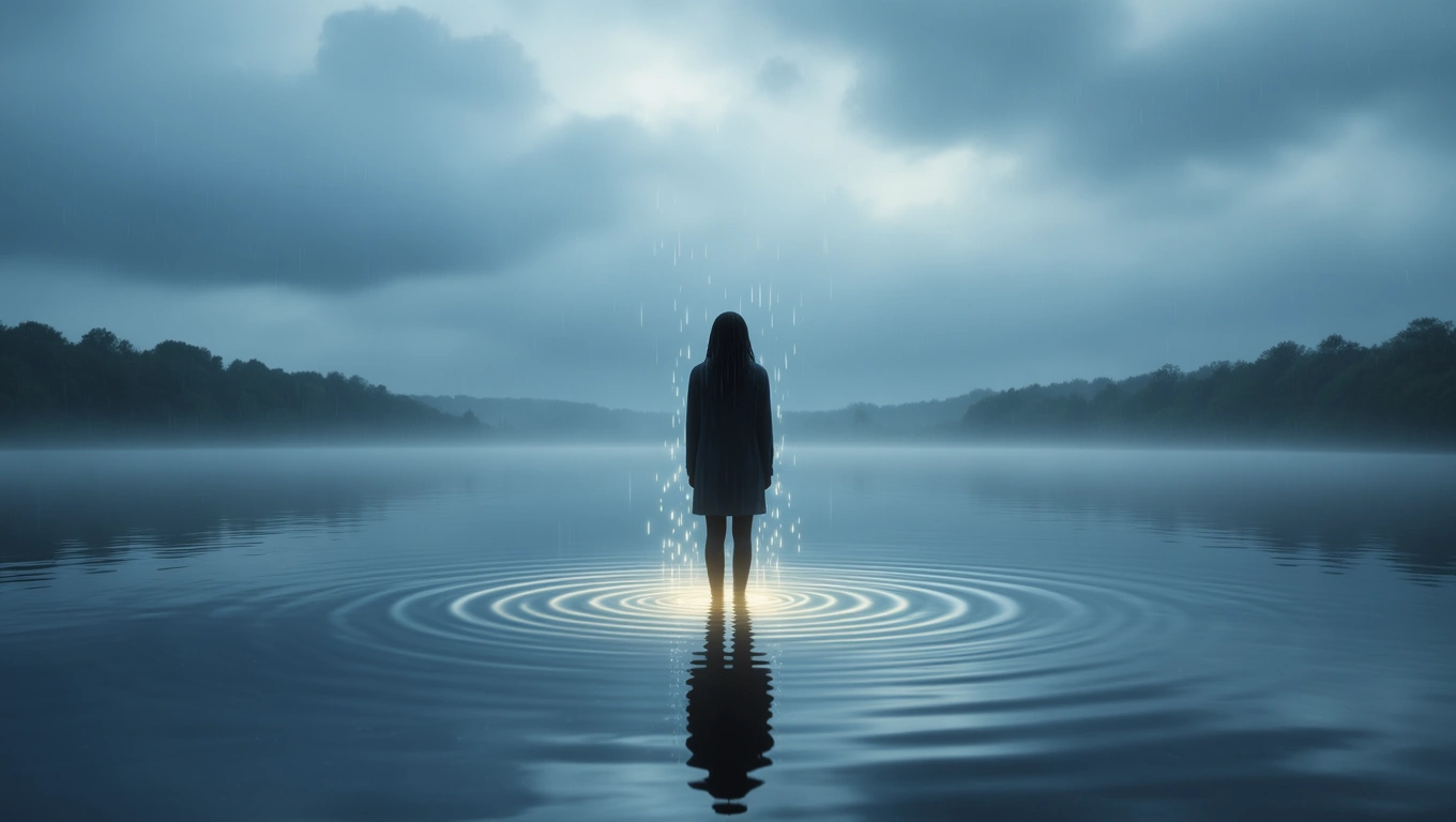Mit jelent sírásról álmodni? – Részletes álomfejtés és értelmezés Egy nő áll a vízben, esőcseppek hullanak, melankolikus hangulatban.