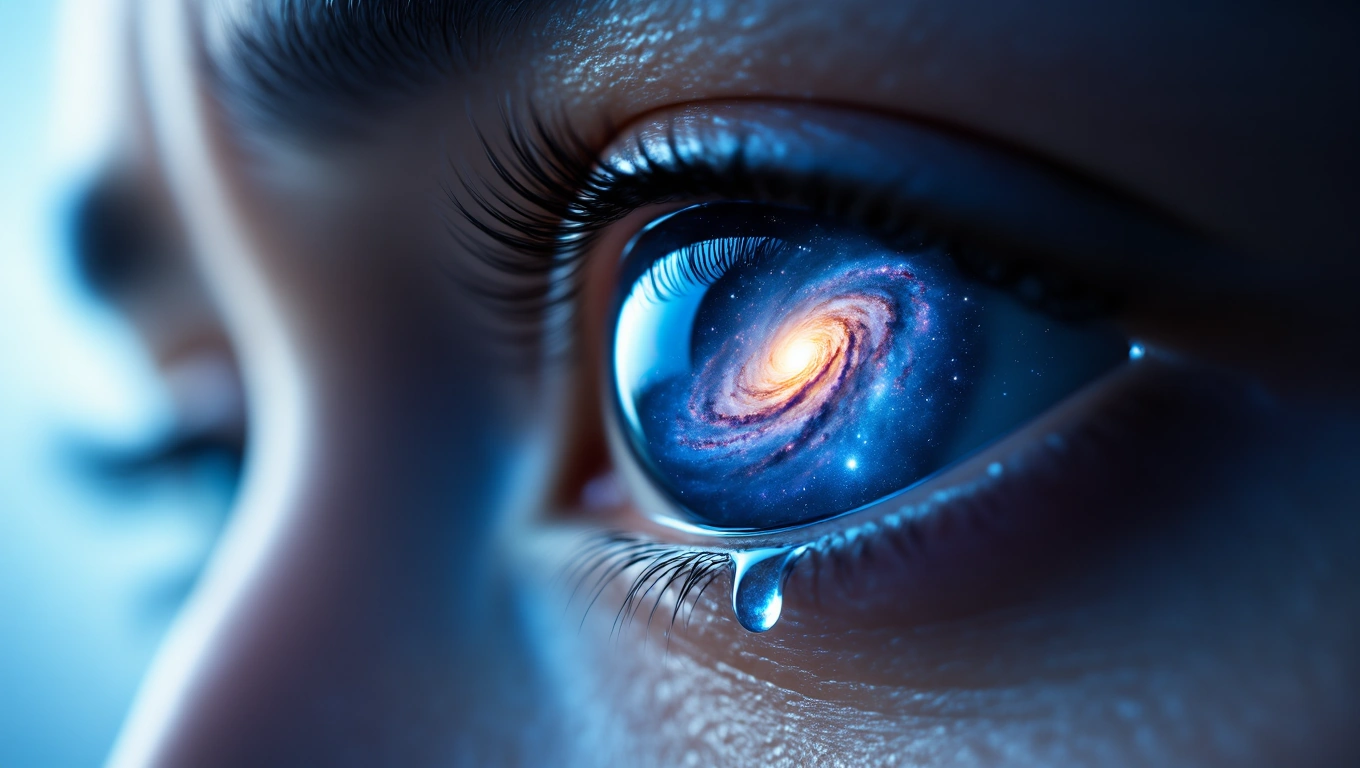 Mit jelent sírásról álmodni? – Részletes álomfejtés és értelmezés Egy szemet ábrázoló kép, amelyben a könnycsepp mögött galaxis látható.