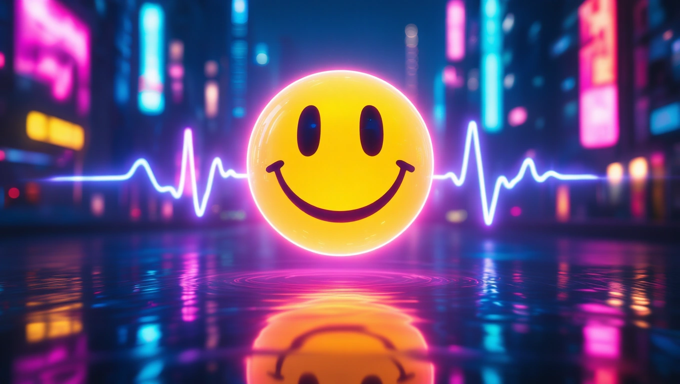 Mit jelent smileyról álmodni? – Részletes álomfejtés és értelmezés Egy vidám smiley arc, amely neonfényben és pulzáló vonallal körülvéve látható.