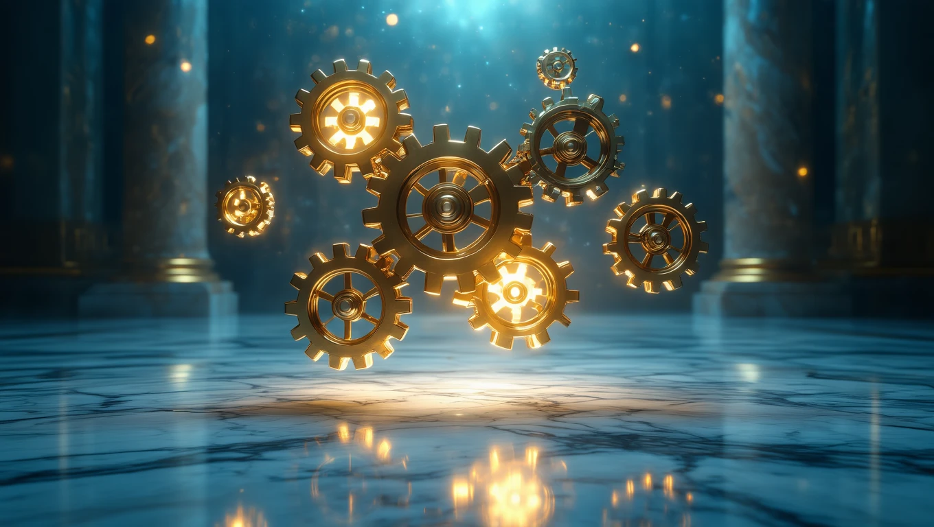 Mit jelent kombinációval álmodni? – Részletes álomfejtés és értelmezés Arany fogaskerekek lebegnek egy fényes, márványos felületen.