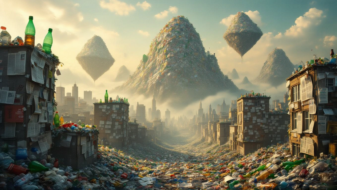 Mit jelent szeméttel álmodni? – Részletes álomfejtés és értelmezés Egy város, ahol a szemét hegyekben áll, a háttérben felhőkarcolók láthatók.