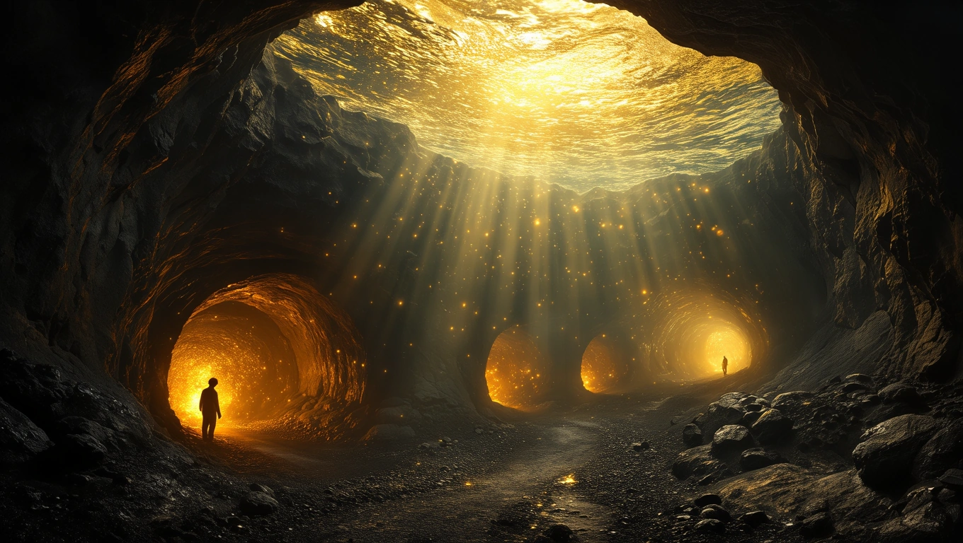 Mit jelent szénnel álmodni? – Részletes álomfejtés és értelmezés Sötét barlang, ahol a szén fénye ragyog, utalva az átalakulásra.