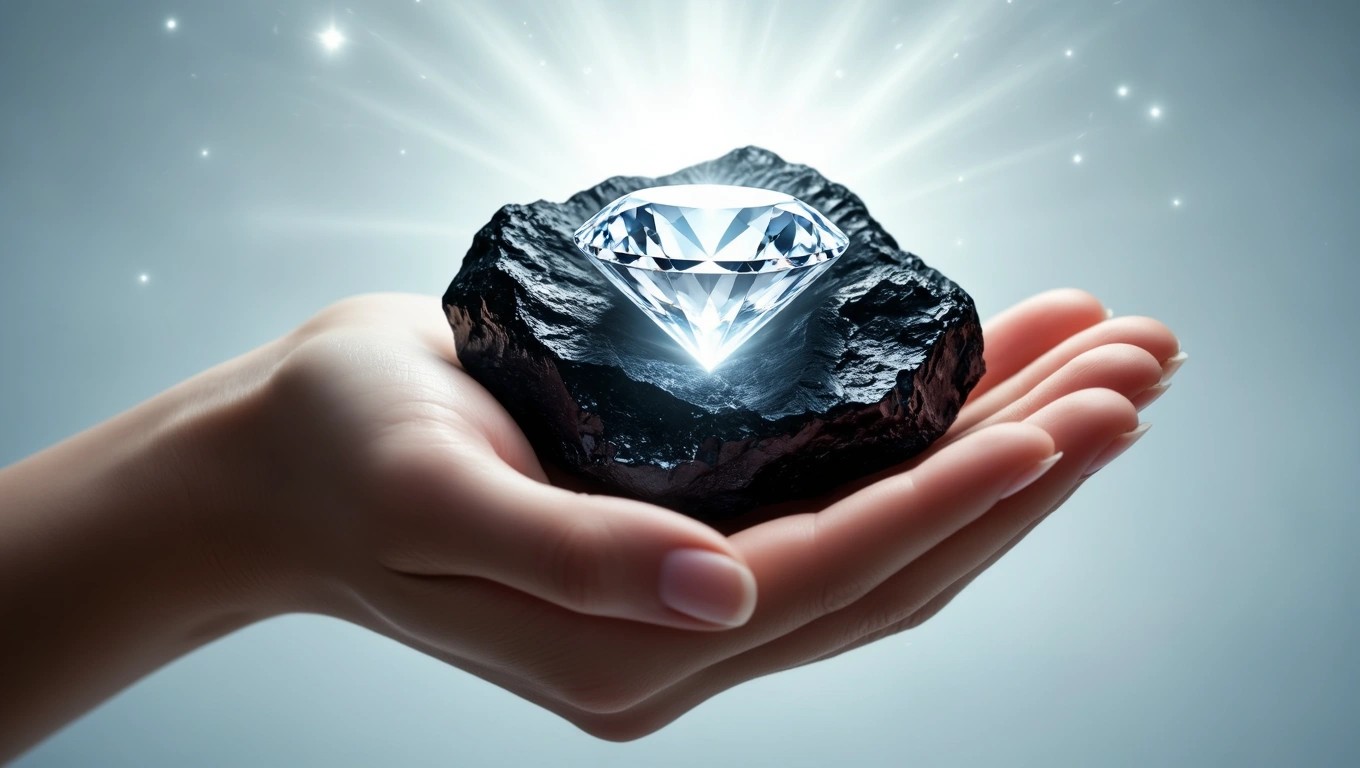 Mit jelent szénnel álmodni? – Részletes álomfejtés és értelmezés Egy kézben tartott szén darab, amelyből egy gyönyörű gyémánt emelkedik ki.