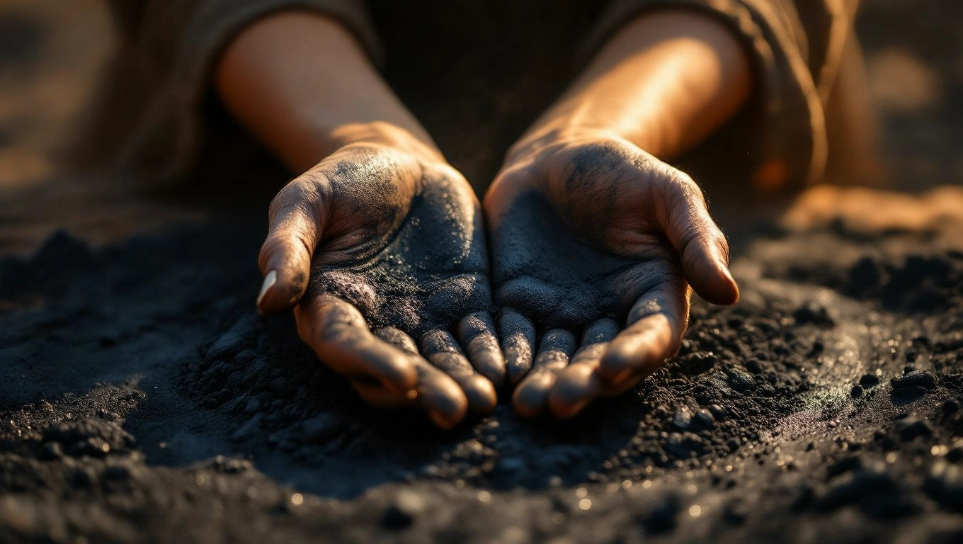 Mit jelent szénnel álmodni? – Részletes álomfejtés és értelmezés Két kéz, amelyek szénporral borítottak, a földön állnak.