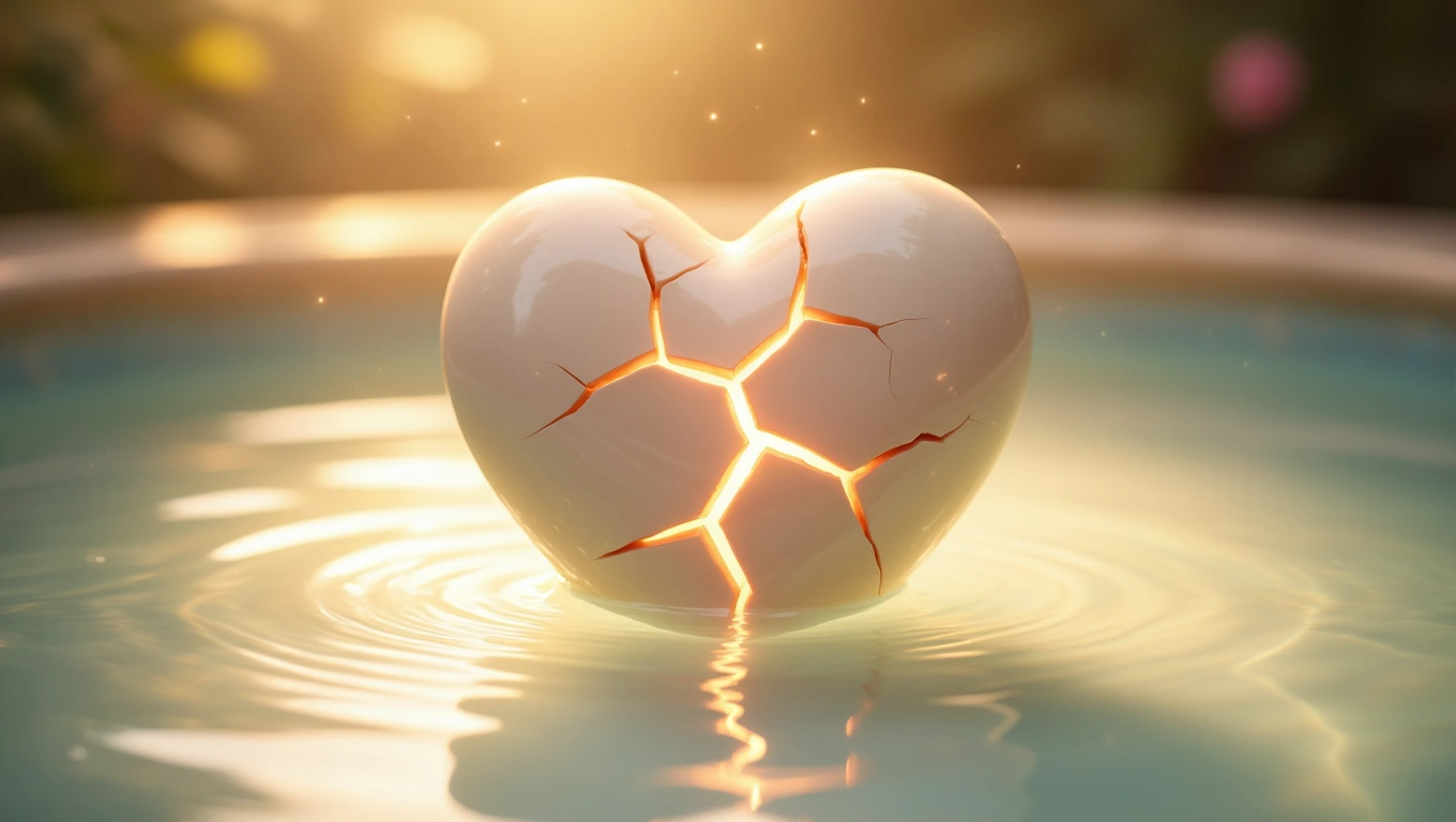 Mit jelent ha azt álmodom hogy a párom meghal? – Részletes álomfejtés és értelmezés Egy repedezett szívforma, amelyből fény árad, vízben lebegve.