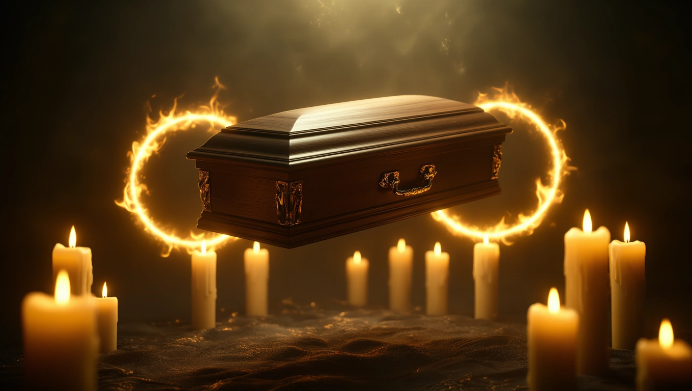 Mit jelent temetéssel álmodni? – Részletes álomfejtés és értelmezés Egy gyönyörű, fából készült koporsó gyertyák körében, misztikus fényekkel.
