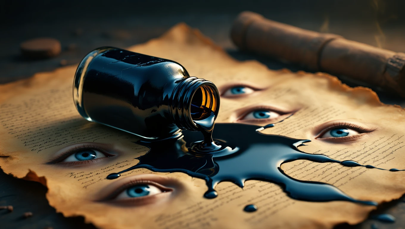 Mit jelent tintatartóval álmodni? – Részletes álomfejtés és értelmezés Egy tintatartó, amelyből fekete tinta folyik, szemekkel teli pergamenen.