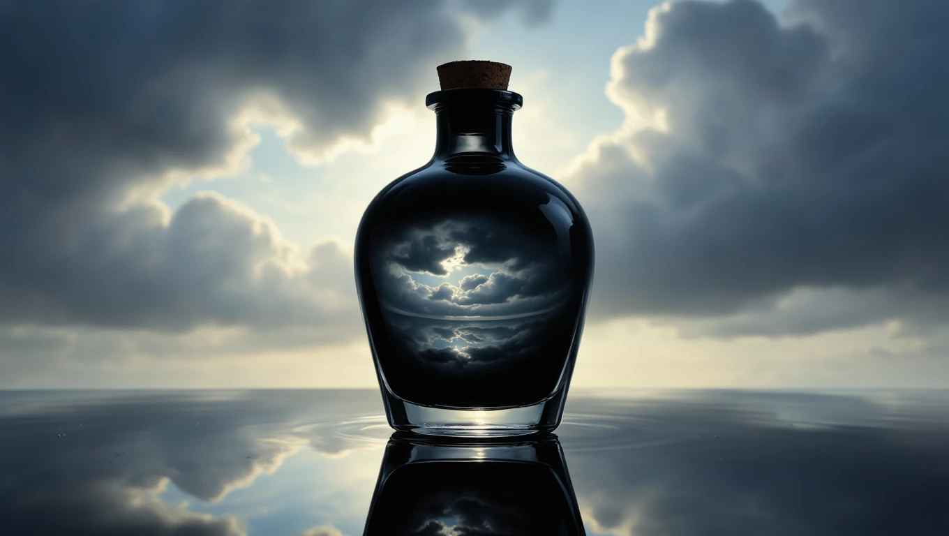 Mit jelent tintatartóval álmodni? – Részletes álomfejtés és értelmezés Egy üveg tintatartó, amelyben felhők tükröződnek, szimbolizálva a kreativitást.