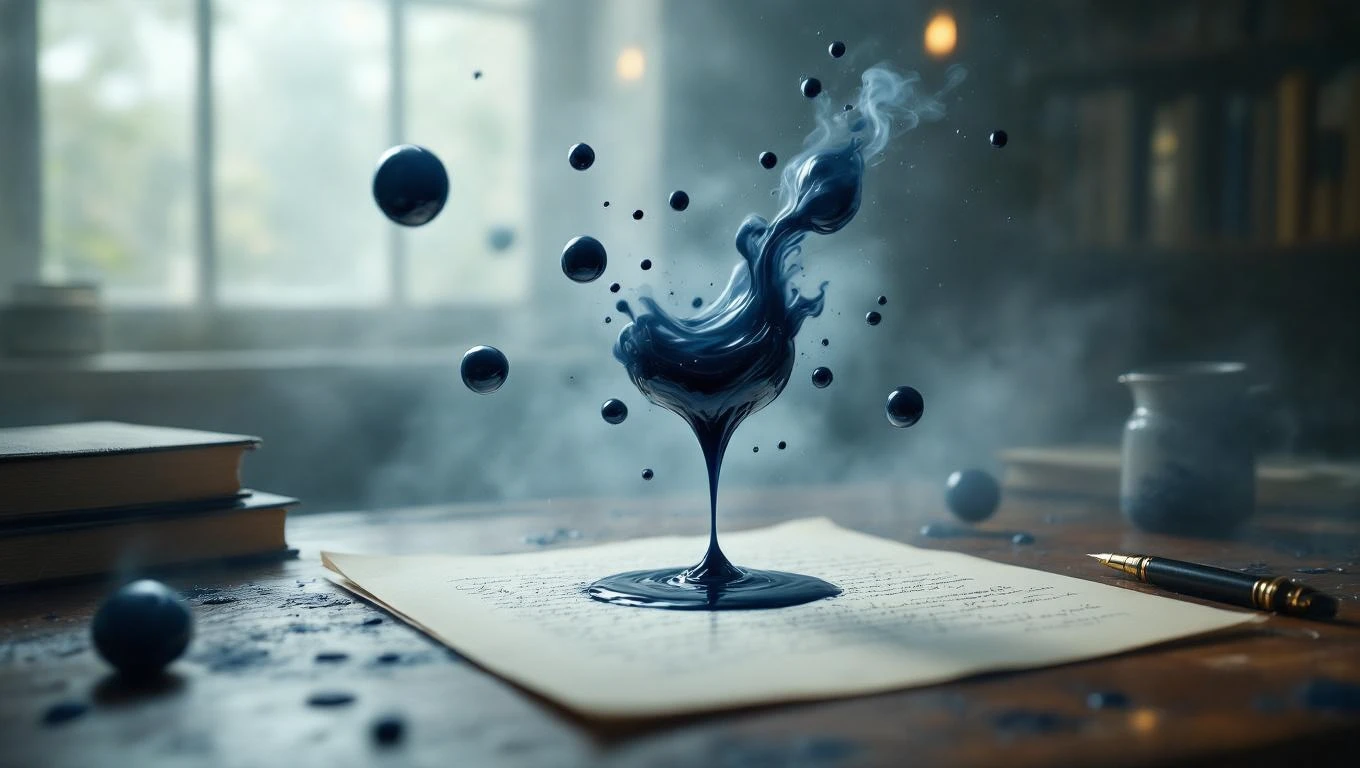 Mit jelent tintatartóval álmodni? – Részletes álomfejtés és értelmezés Egy tintatartóból kiömlő tinta lebeg a levegőben, könyvek és papír mellett.