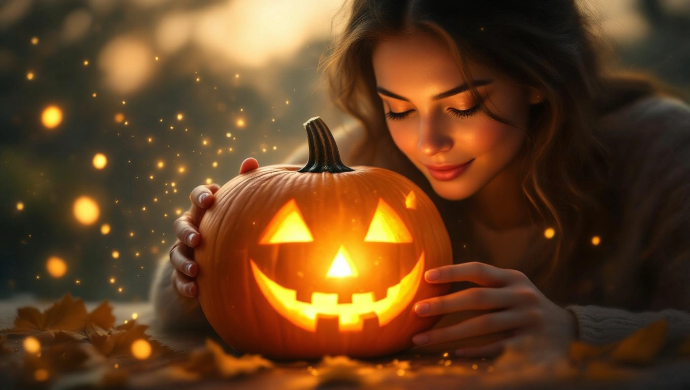 Mit jelent tökfaragásról álmodni? – Részletes álomfejtés és értelmezés Egy fiatal nő mosolyogva néz egy világító tökfaragásra, körülötte fények.