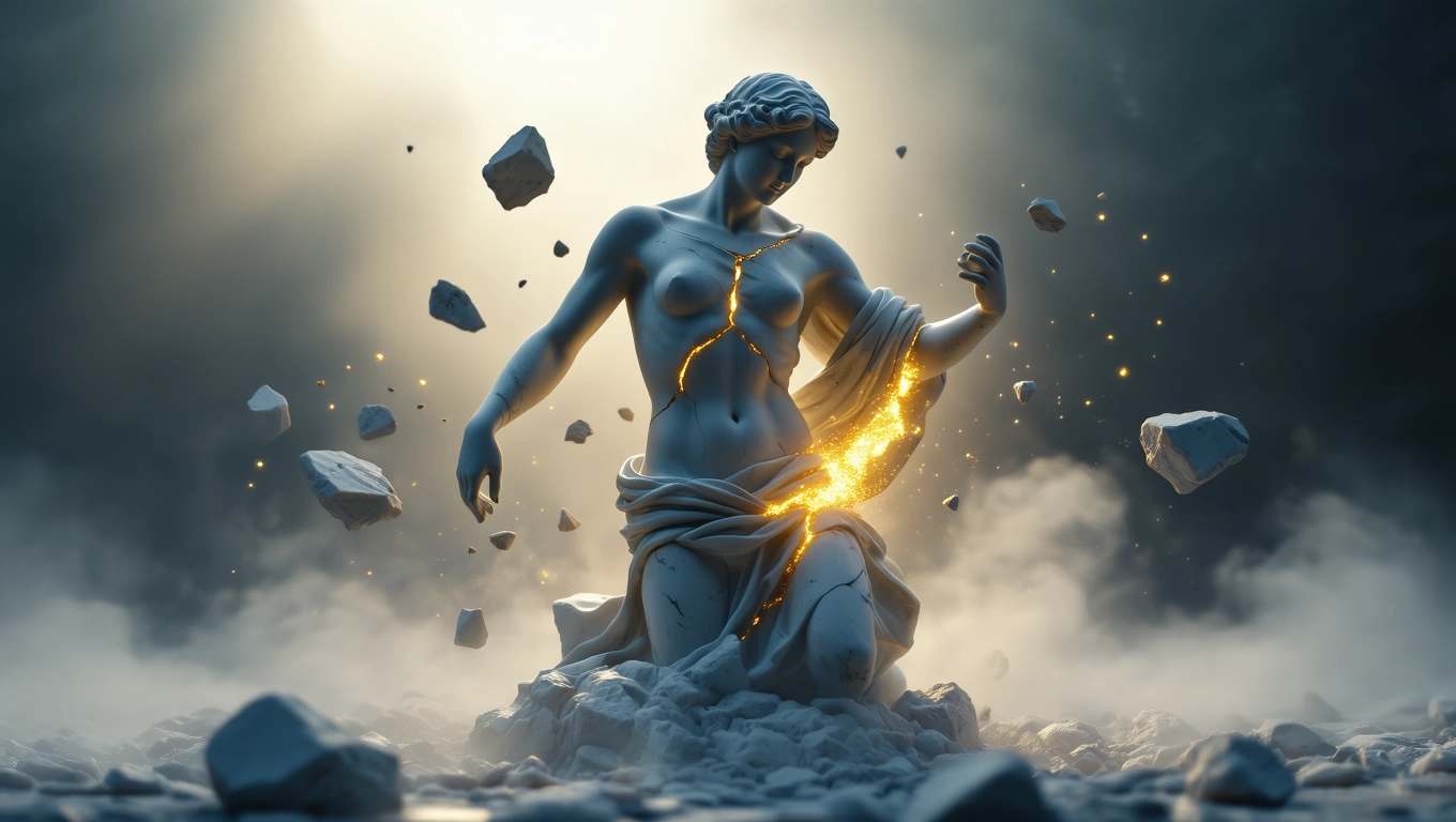 Mit jelent szoborról álmodni? – Részletes álomfejtés és értelmezés Egy törött szobor, amelyből fény árad, szimbolizálva a belső küzdelmeket.