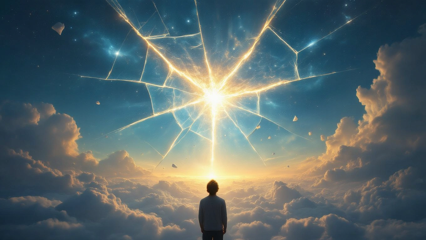 Mit jelent törött üvegről álmodni? – Részletes álomfejtés és értelmezés Egy férfi áll a felhők között, a háttérben törött üveg hatású fényekkel.