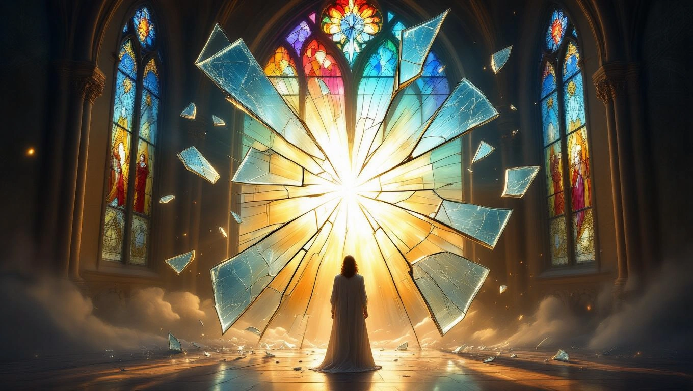 Mit jelent törött üvegről álmodni? – Részletes álomfejtés és értelmezés Egy törött üvegablak, amelyből fény árad, sebezhetőséget szimbolizálva.