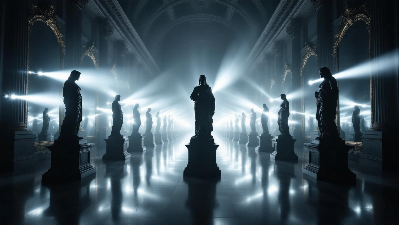 Mit jelent vakuval álmodni? – Részletes álomfejtés és értelmezés Fényképezőgép vakuja által megvilágított szobrok egy sötét teremben.