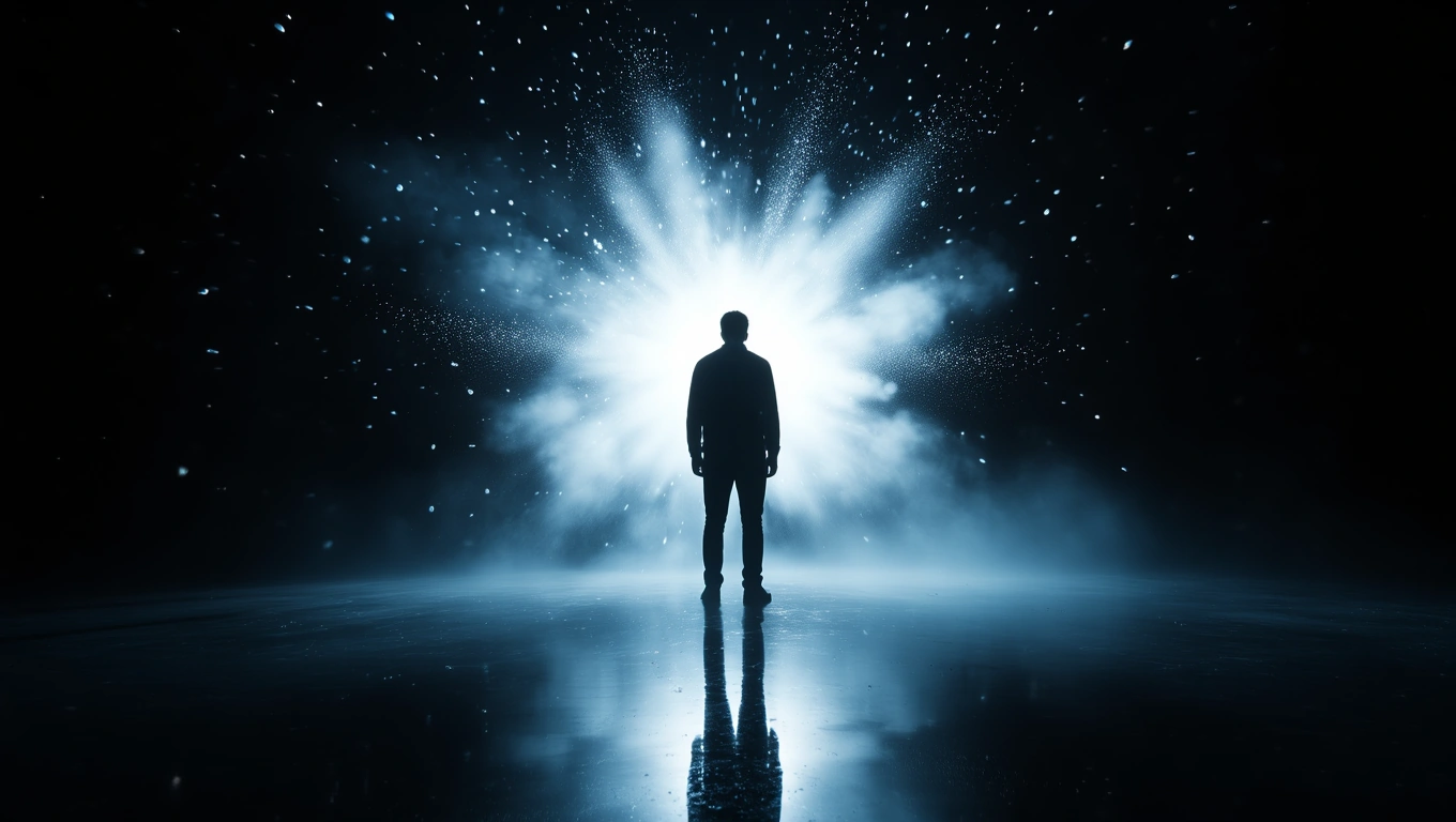Mit jelent vakuval álmodni? – Részletes álomfejtés és értelmezés Egy férfi áll egy fényes vaku fényében, háttérben sötét, misztikus köd.