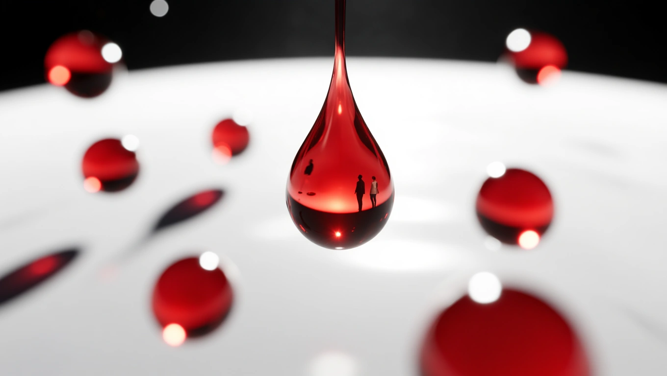 Mit jelent saját vérről álmodni? – Részletes álomfejtés és értelmezés Egy piros vércsepp lebeg, benne emberek sziluettje látható.