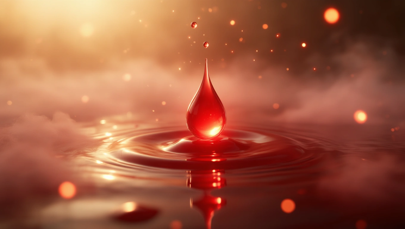 Mit jelent saját vérről álmodni? – Részletes álomfejtés és értelmezés Egy vörös csepp vízbe hullik, körülötte köd és fények játszanak.