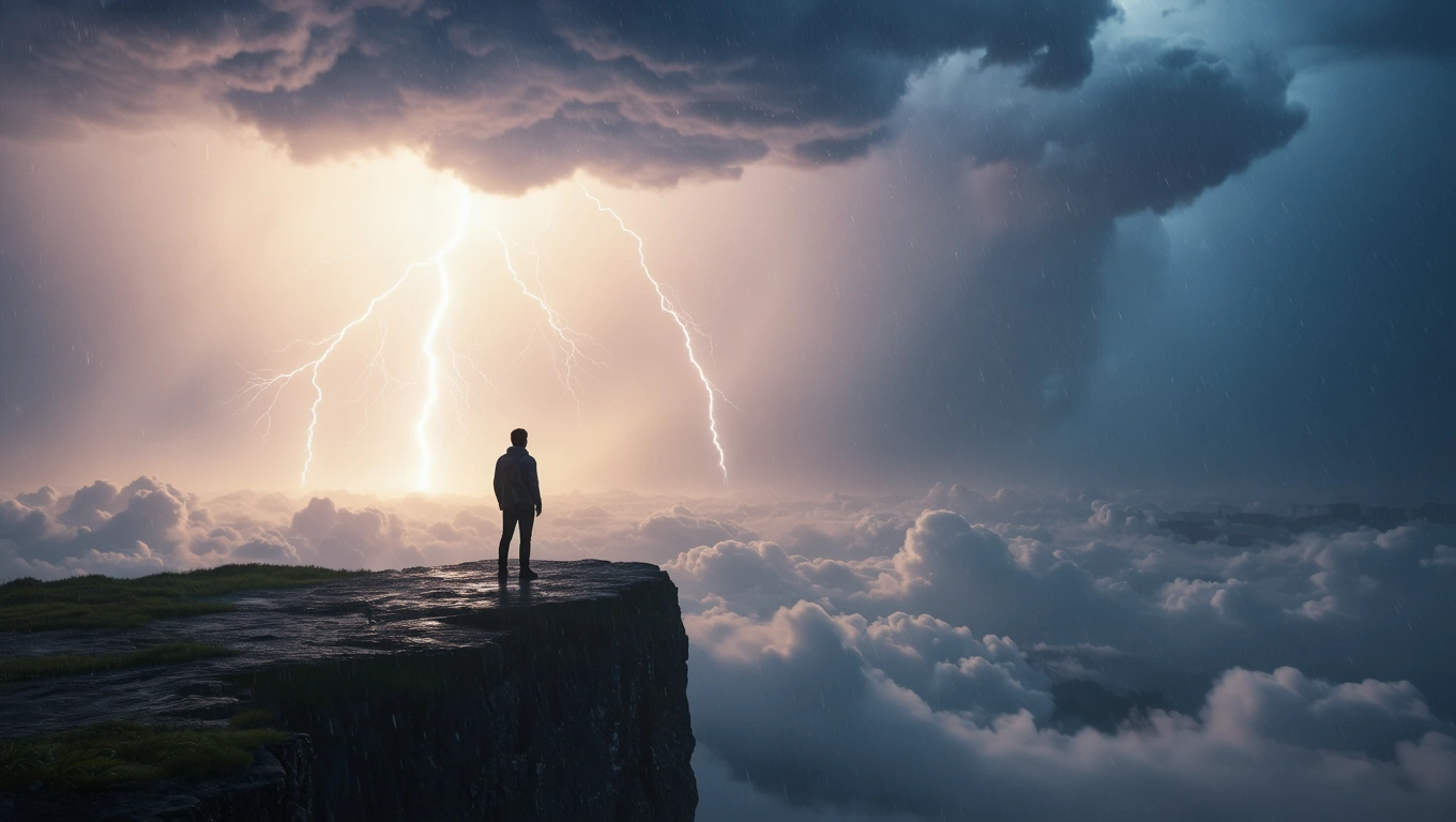 Mit jelent viharral álmodni? – Részletes álomfejtés és értelmezés Egy ember áll a sziklán, miközben vihar tombol a felhők között, villámokkal az égen.