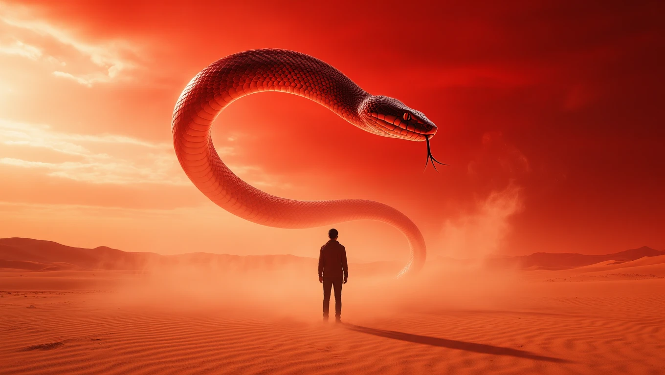 Mit jelent viperával álmodni? – Részletes álomfejtés és értelmezés Egy hatalmas vipera lebeg egy sivatagi táj felett, vörös háttérrel.