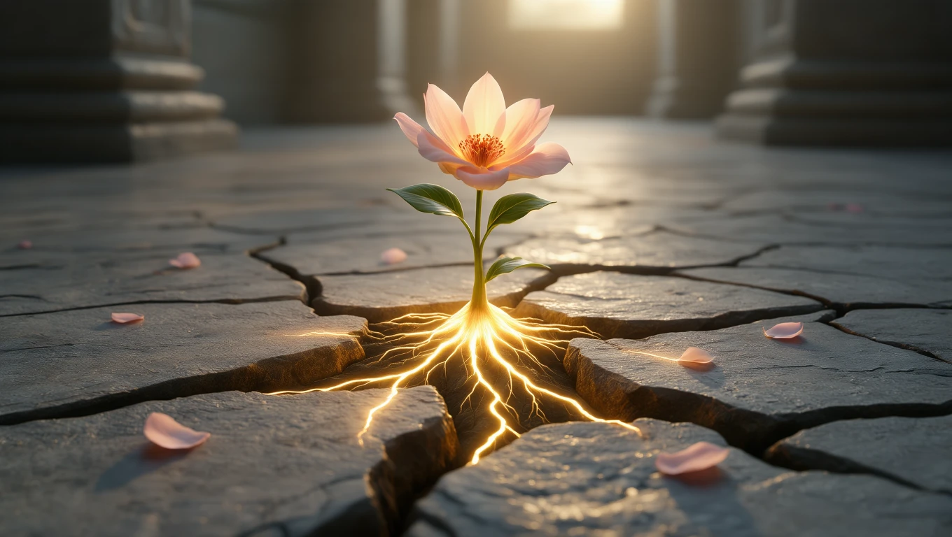 Mit jelent virággal álmodni? – Részletes álomfejtés és értelmezés Egy virág bontogató szirmai törnek át a repedezett talajon, sugárzó gyökerekkel.