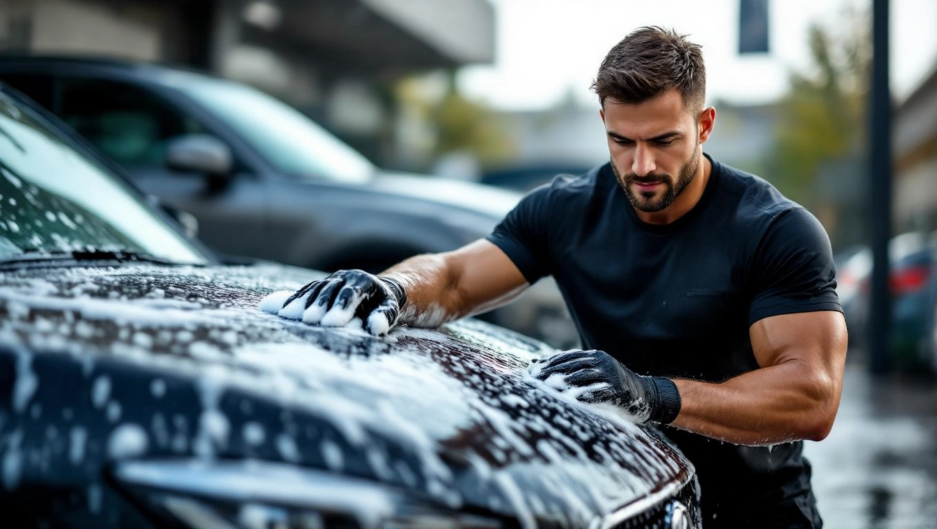 Mit jelent szexi pasikkal álmodni? – Részletes álomfejtés és értelmezés Egy vonzó férfi autót mos, izmos karjaival és koncentrált arckifejezéssel.