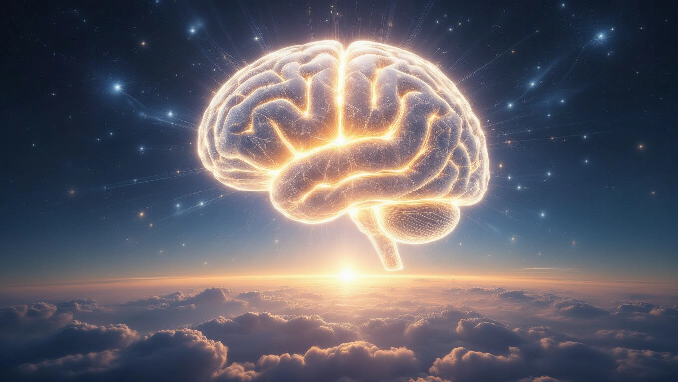 Mit jelent mesterséges intelligenciával álmodni? – Részletes álomfejtés és értelmezés Egy fénylő agy lebeg a felhők felett, csillagokkal körülvéve.