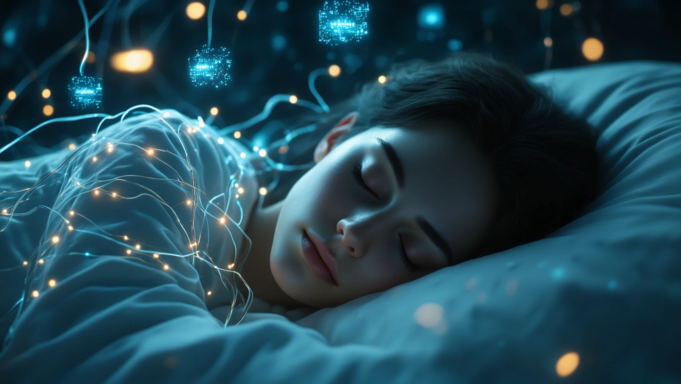 Mit jelent mesterséges intelligenciával álmodni? – Részletes álomfejtés és értelmezés Egy fiatal nő álmodik, körülötte fények és digitális elemek lebegnek.