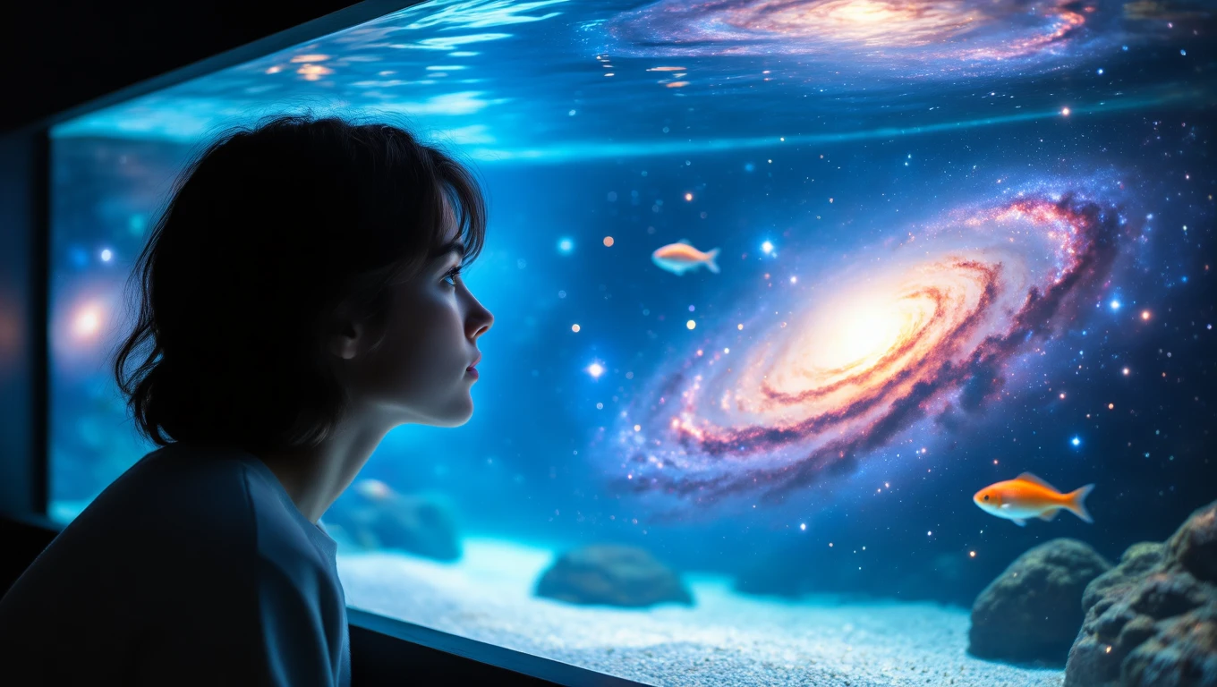 Mit jelent akváriummal álmodni? – Részletes álomfejtés és értelmezés Egy fiatal lány néz egy akváriumra, amelyben halak és galaxis látható.