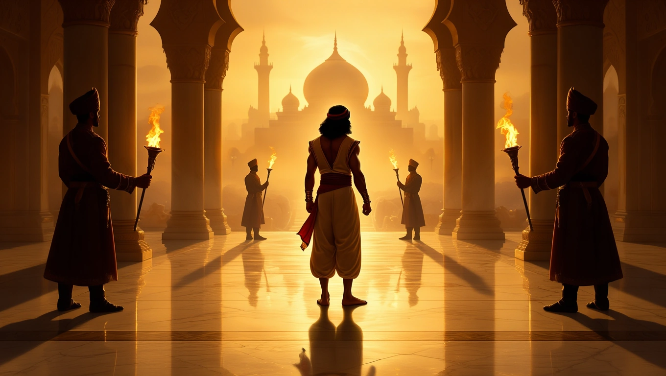 Mit jelent Aladdinnal álmodni? – Részletes álomfejtés és értelmezés Aladdin áll a palota előtt, körülötte fáklyát tartó őrökkel, naplementében.