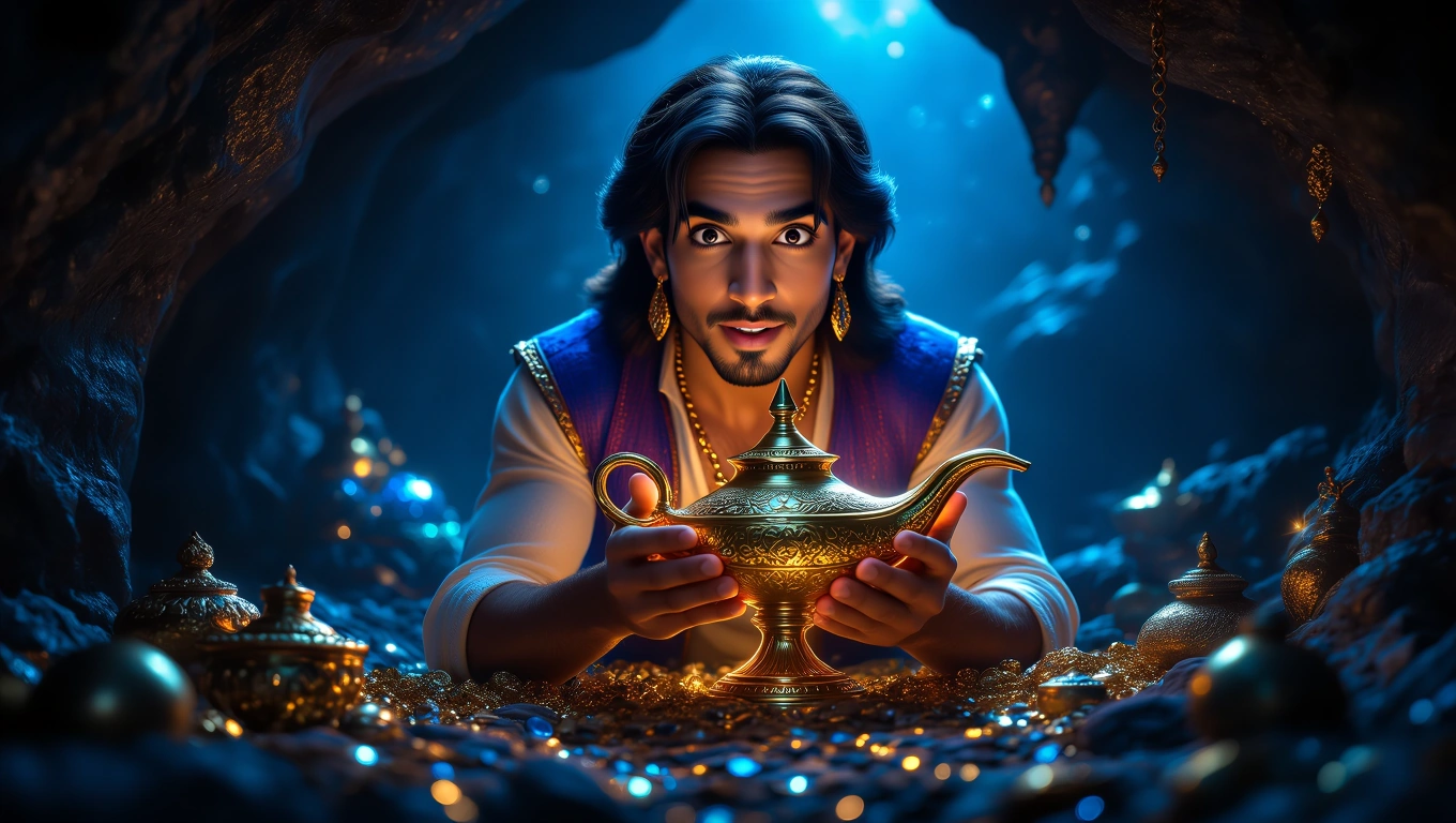 Mit jelent Aladdinnal álmodni? – Részletes álomfejtés és értelmezés Aladdin arany lámpást tart a kezében, csillogó kincsek között ülve.