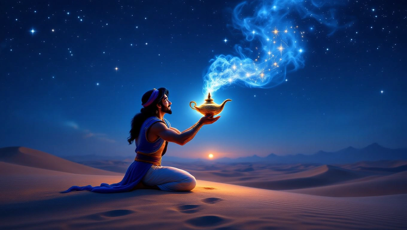 Mit jelent Aladdinnal álmodni? – Részletes álomfejtés és értelmezés Aladdin, a varázslámpát tartva, csillagfényes éjszakában ül a sivatagban.