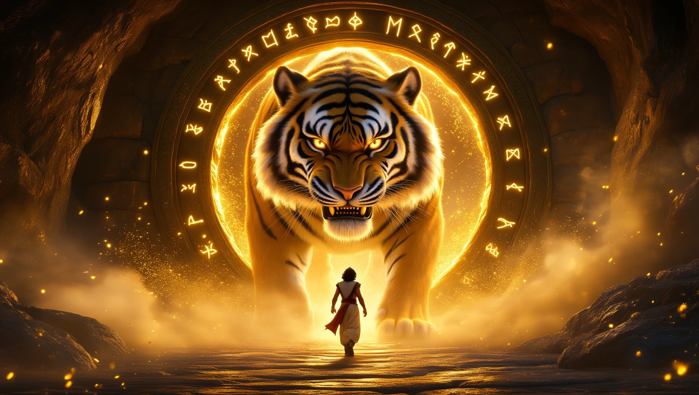 Mit jelent Aladdinnal álmodni? – Részletes álomfejtés és értelmezés Aladdin egy hatalmas tigrissel néz szembe egy varázslatos kapu előtt.