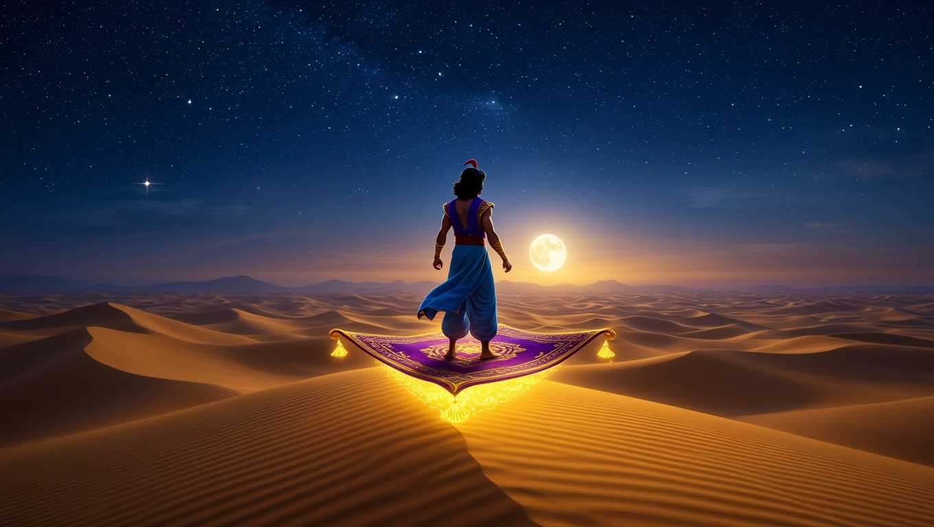 Mit jelent Aladdinnal álmodni? – Részletes álomfejtés és értelmezés Aladdin áll egy varázsszőnyegen a sivatagban, a telihold fényében.