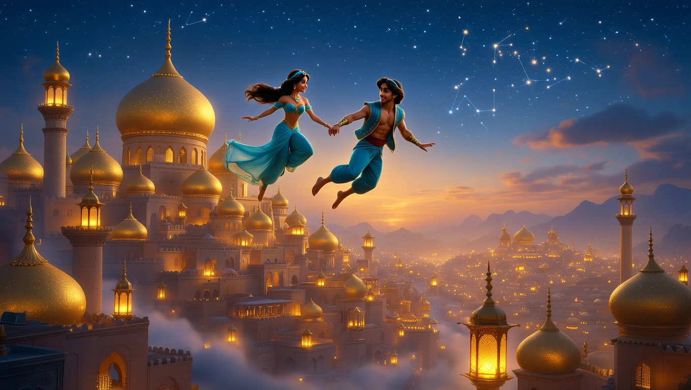 Mit jelent Aladdinnal álmodni? – Részletes álomfejtés és értelmezés Aladdin és Jázmin lebegnek a csillagos ég alatt, mesebeli város felett.
