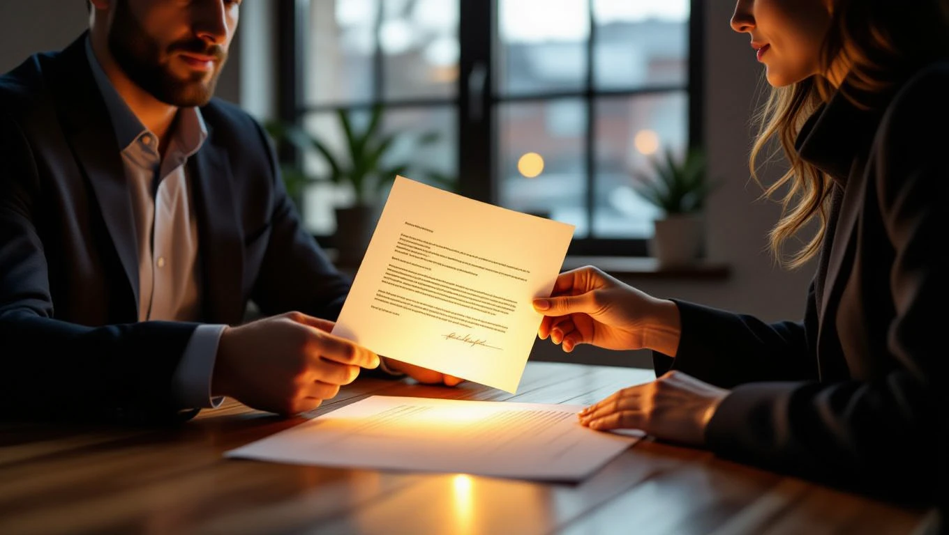 Mit jelent albérlőről álmodni? – Részletes álomfejtés és értelmezés Két ember ül egy asztalnál, albérleti szerződést néznek át.