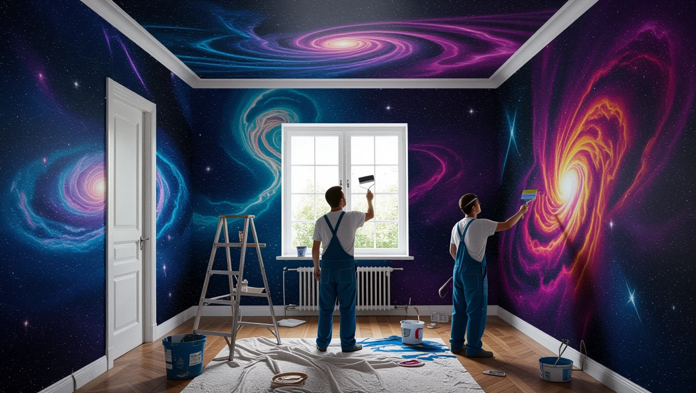 Mit jelent albérlőről álmodni? – Részletes álomfejtés és értelmezés Két festő galaxis mintás falat fest egy albérletben, kreatív környezetben.