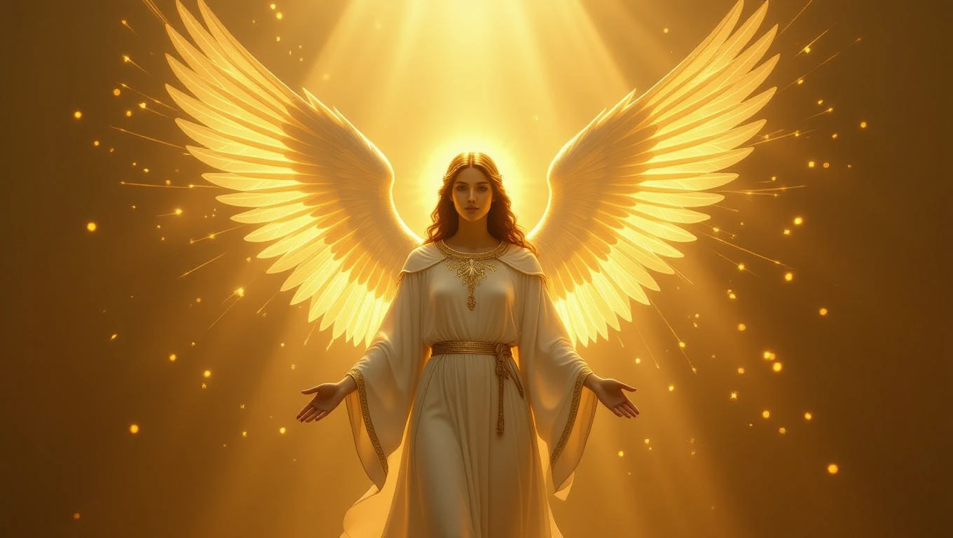 Egy angyal arany szárnyakkal, fényben állva, védelmet sugallva.