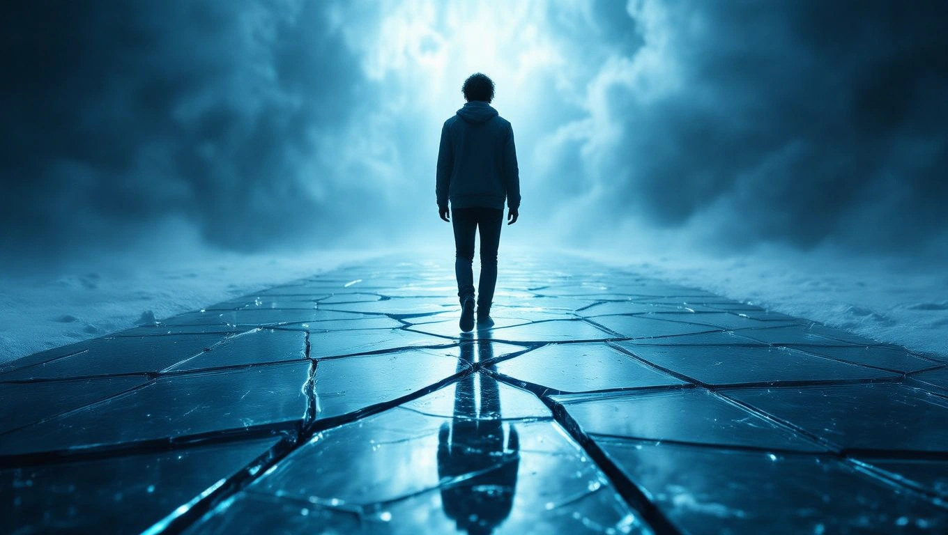 Mit jelent arról álmodni, hogy nem tudsz lépni? – Részletes álomfejtés és értelmezés Egy fiatal férfi áll egy jégszerű úton, amely a ködbe vezet.