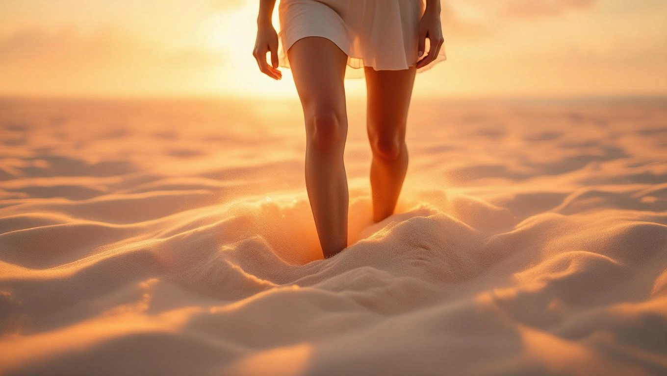 Mit jelent arról álmodni, hogy nem tudsz lépni? – Részletes álomfejtés és értelmezés Egy nő lábai a homokban, mozdulatlanságot sugallva a naplementében.
