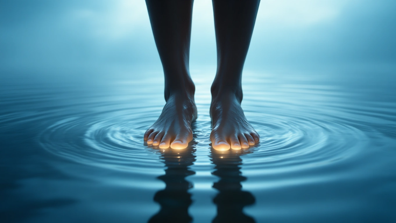 Mit jelent arról álmodni, hogy nem tudsz lépni? – Részletes álomfejtés és értelmezés Két láb áll egy vízfelületen, körülöttük gyűrűző hullámok.