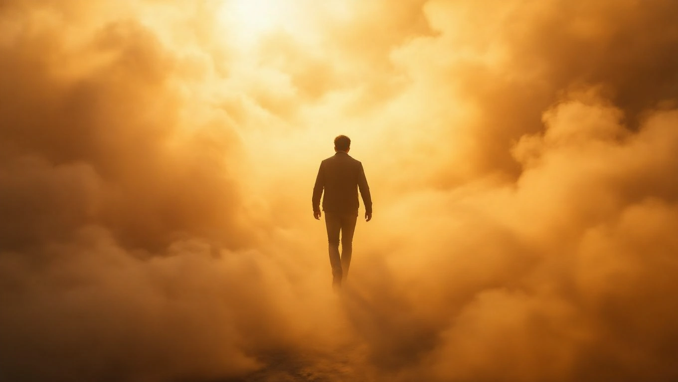 Mit jelent arról álmodni, hogy nem tudsz lépni? – Részletes álomfejtés és értelmezés Egy férfi sétál a ködben, a háttérben aranysárga fényekkel.