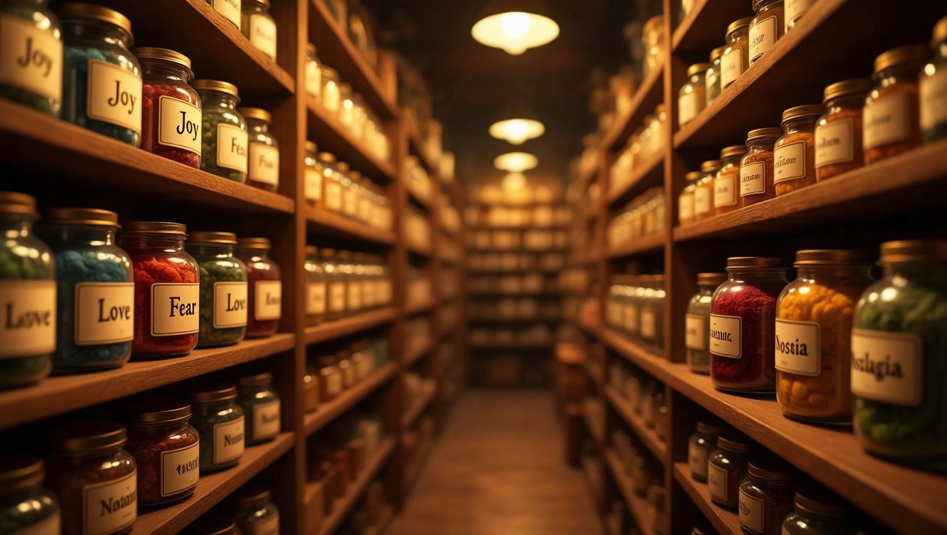 Mit jelent boltról álmodni? – Online álomfejtés és értelmezés Egy bolt belső tere, tele üvegekben különböző érzelmekkel, mint a szeretet és félelem.