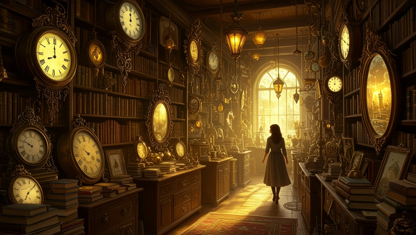 Mit jelent boltról álmodni? – Online álomfejtés és értelmezés Egy nő egy régi boltban áll, tele órákkal és könyvekkel, napfényben.