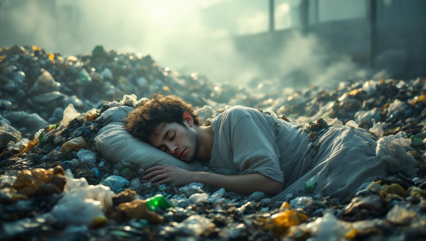 Egy fiatal férfi alszik egy szeméttelepen, körülötte hulladékokkal.