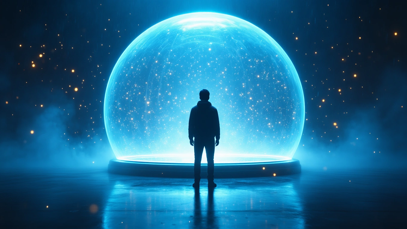 Mit jelent atomerőműről álmodni? – Részletes álomfejtés és értelmezés Egy ember áll egy fénylő gömb előtt, amely csillagokat és energiát sugároz.