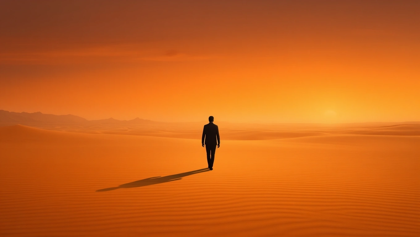 Mit jelent emberölésről álmodni? – Részletes álomfejtés és értelmezés Egy öltönyös férfi sétál a homokdűnék között naplementében.