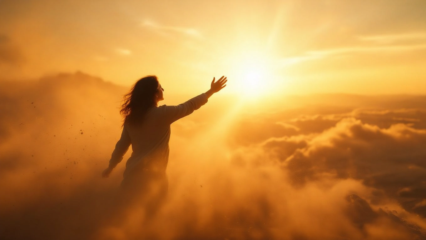 Mit jelent drogfüggővel álmodni? – Részletes álomfejtés és értelmezés Egy nő a nap felé nyújtja a kezét, miközben ködös tájban áll.