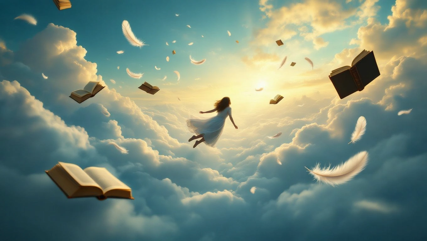 Egy nő lebeg a felhők felett, körülötte könyvek és tollak szállnak.