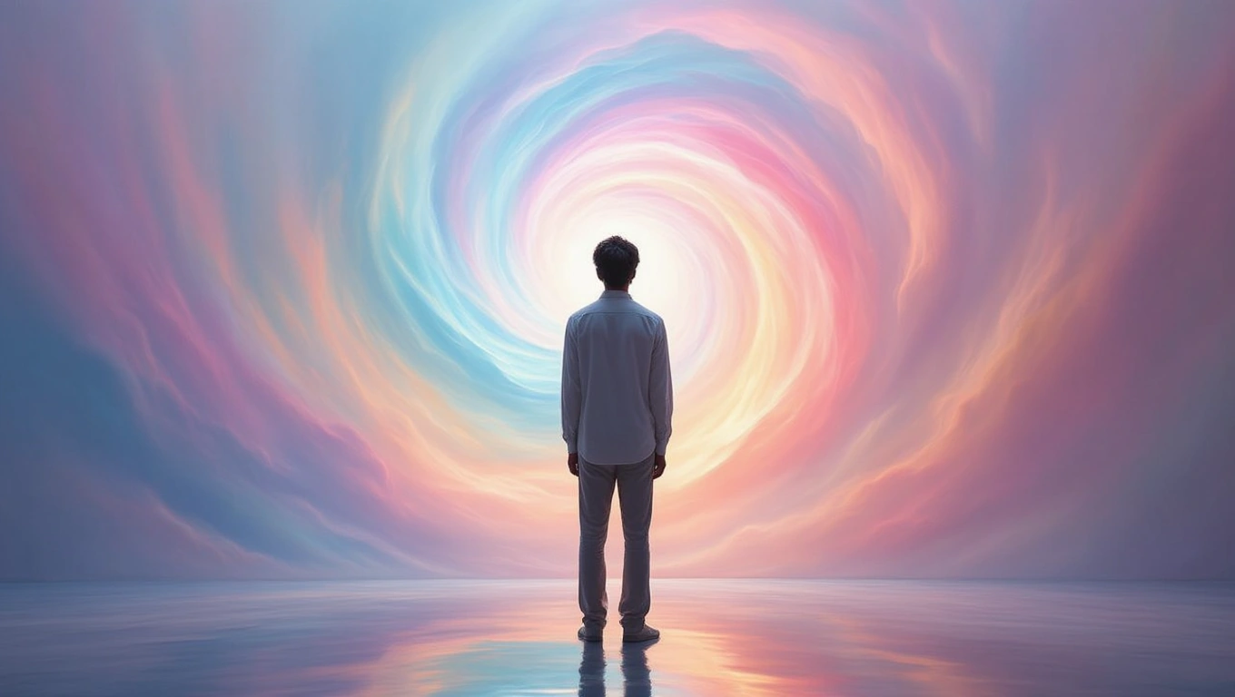 Mit jelent drogfüggővel álmodni? – Részletes álomfejtés és értelmezés Egy férfi áll egy színes spirál előtt, amely a belső küzdelmeket szimbolizálja.